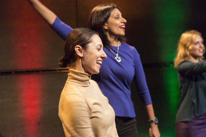 A RADA Business tutor and two participants take part in a warm up